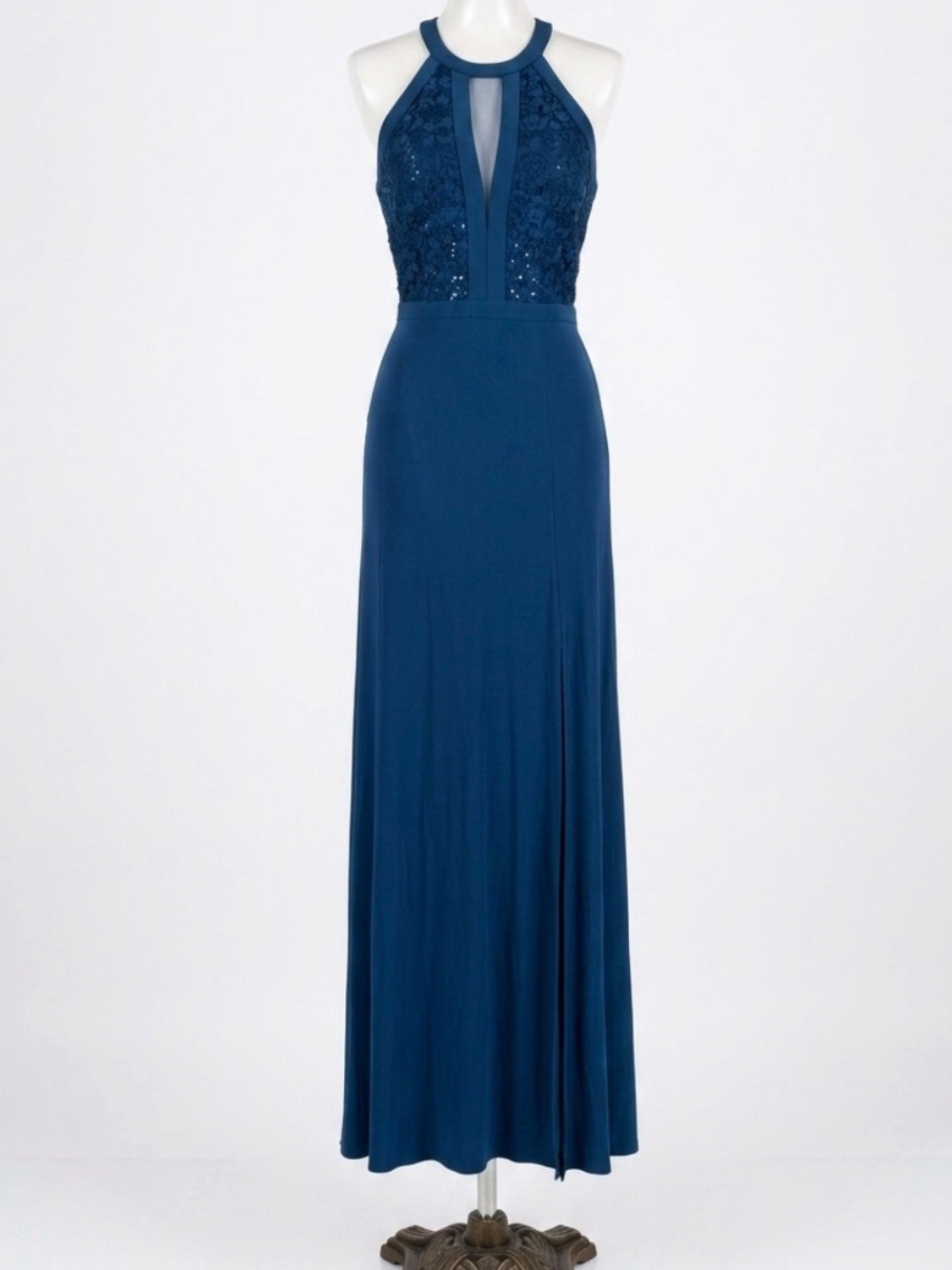 Nightway Blue Sparkle Lace Formal Evening Gown With Slit